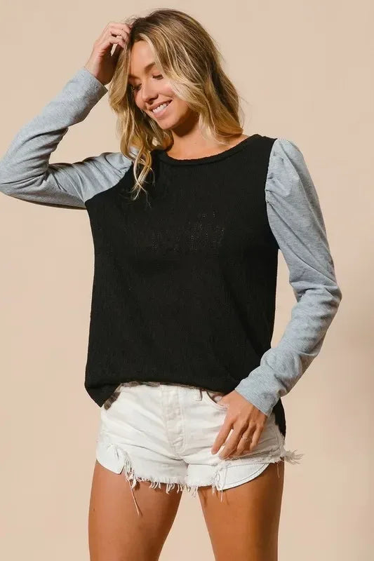 BiBi Cable Sweater Knit Top with Contrast Puff Sleeve - DAVERRI FASHIONS