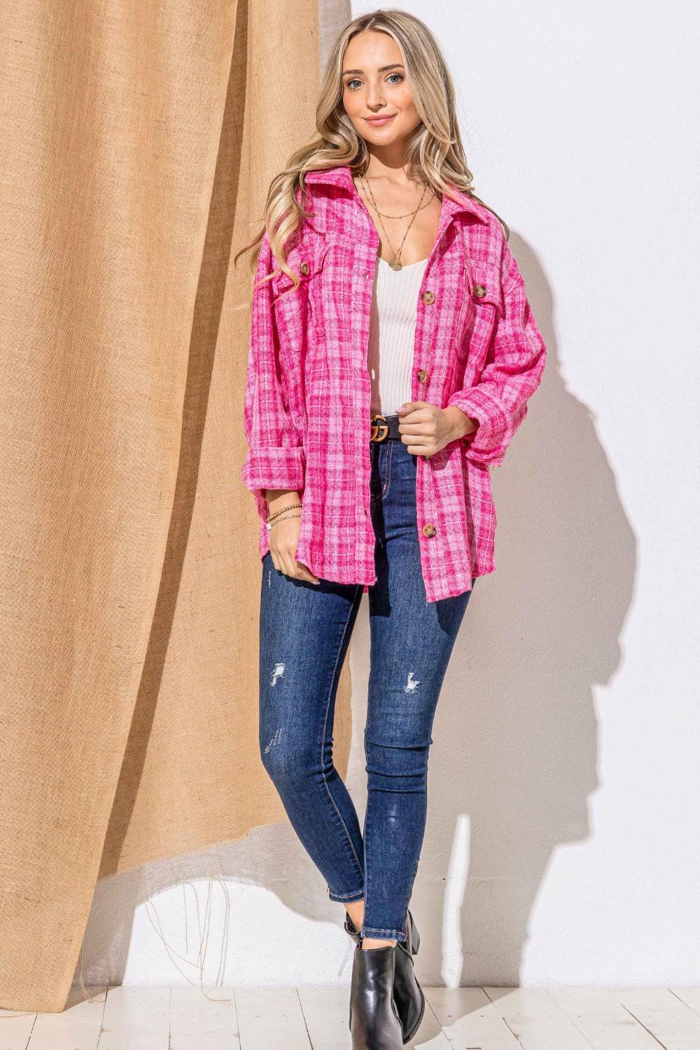 And The Why Full Size Tweed Button Down Long Sleeve Shacket Shackets