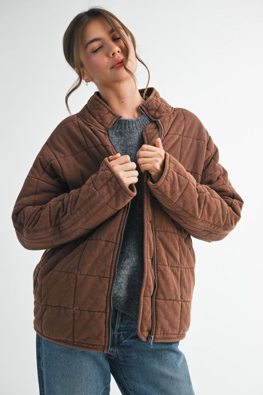 Brown Dixie Jacket with velvety quilted texture and cozy hood