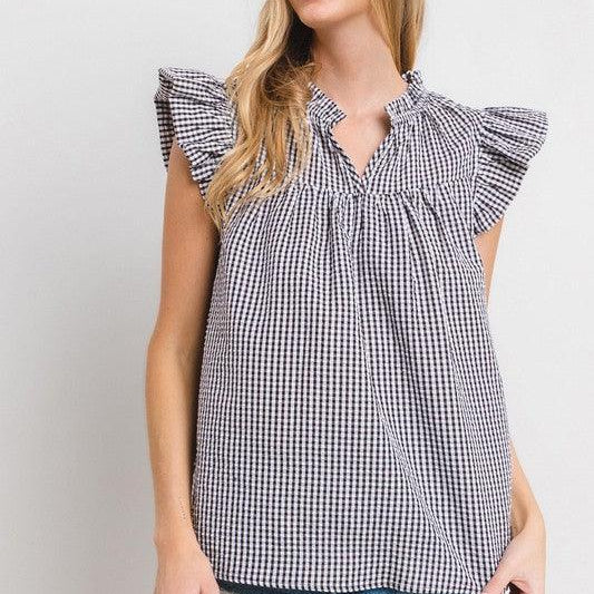 Ces Femme Plaid Notched Ruffled Cap Sleeve Blouse - DAVERRI FASHIONS