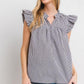 Ces Femme Plaid Notched Ruffled Cap Sleeve Blouse Black Blouses