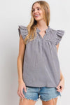 Ces Femme Plaid Notched Ruffled Cap Sleeve Blouse - DAVERRI FASHIONS