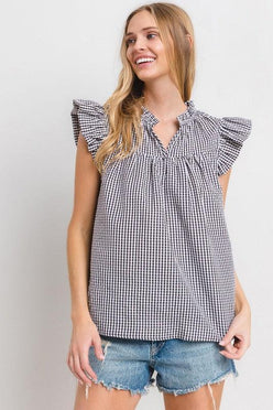 Ces Femme Plaid Notched Ruffled Cap Sleeve Blouse - DAVERRI FASHIONS