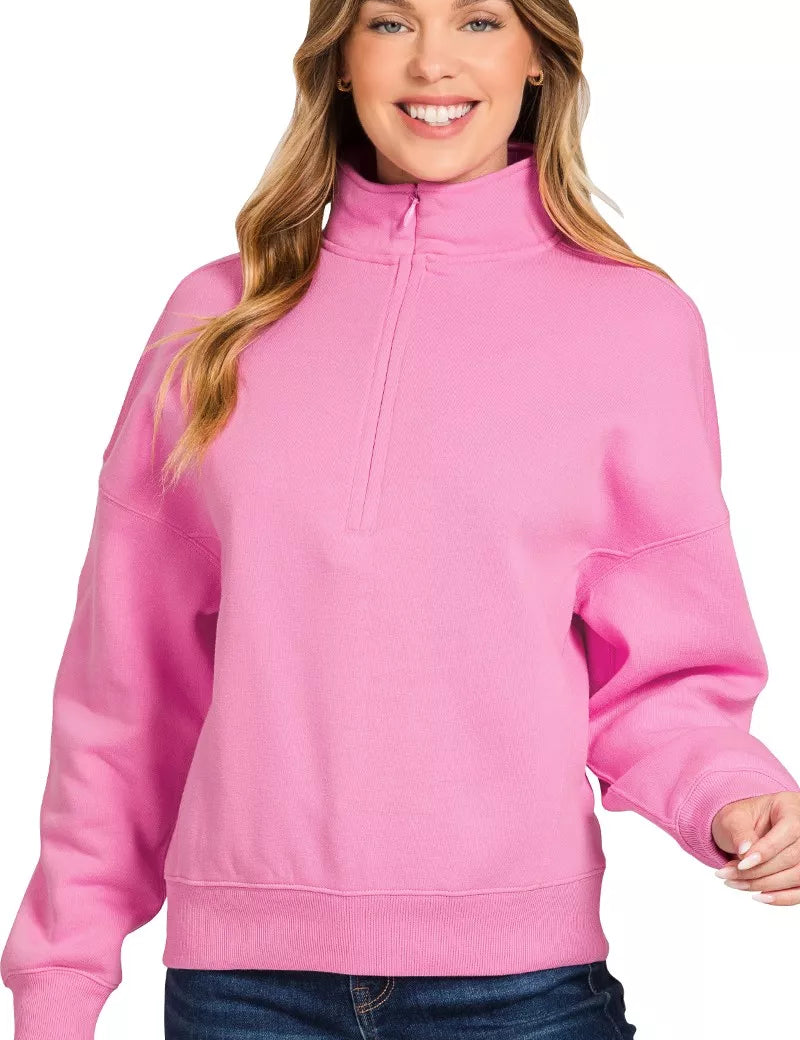 CANDY PINK Zenana Fleece High Neck Half Zip Sweatshirt Candy Pink | Sweatshirts Daverri Fashions