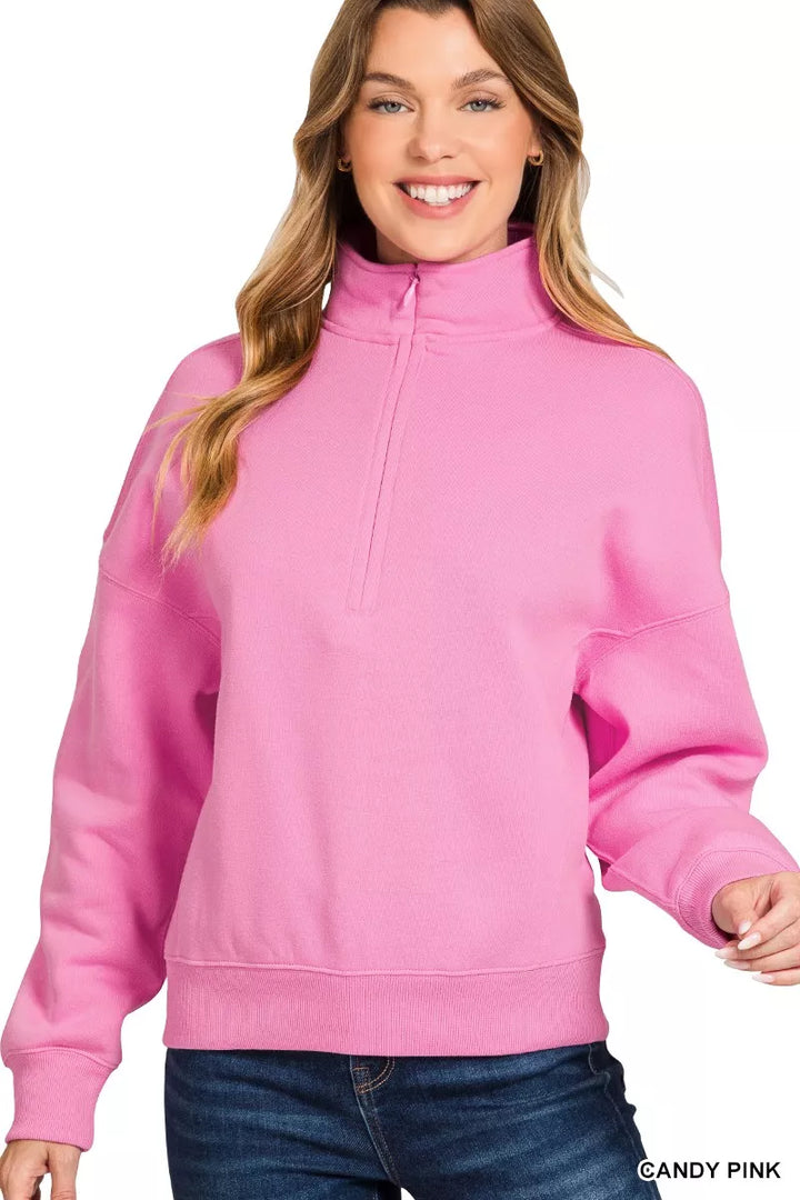 CANDY PINK Zenana Fleece High Neck Half Zip Sweatshirt Candy Pink | Sweatshirts Daverri Fashions