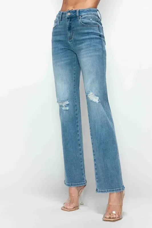 bytos Full Size Distressed High Rise Straight Jeans - DAVERRI FASHIONS