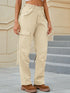 High-waisted beige cargo pocket jeans with drawstring waistband