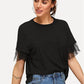 Black round neck short sleeve top with sheer mesh ruffle sleeves