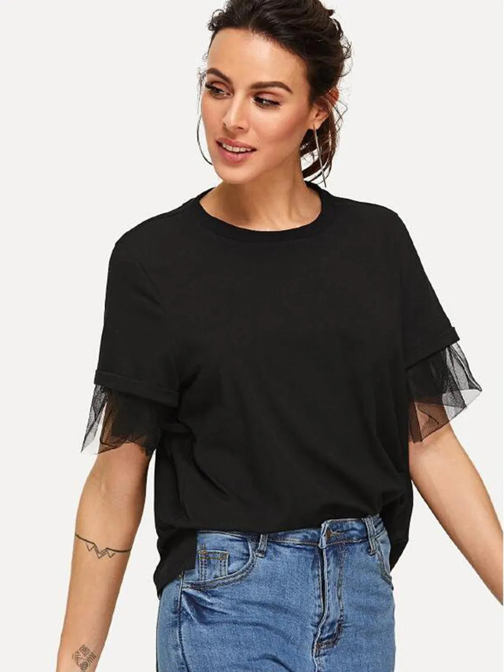 Black round neck short sleeve top with sheer mesh ruffle sleeves
