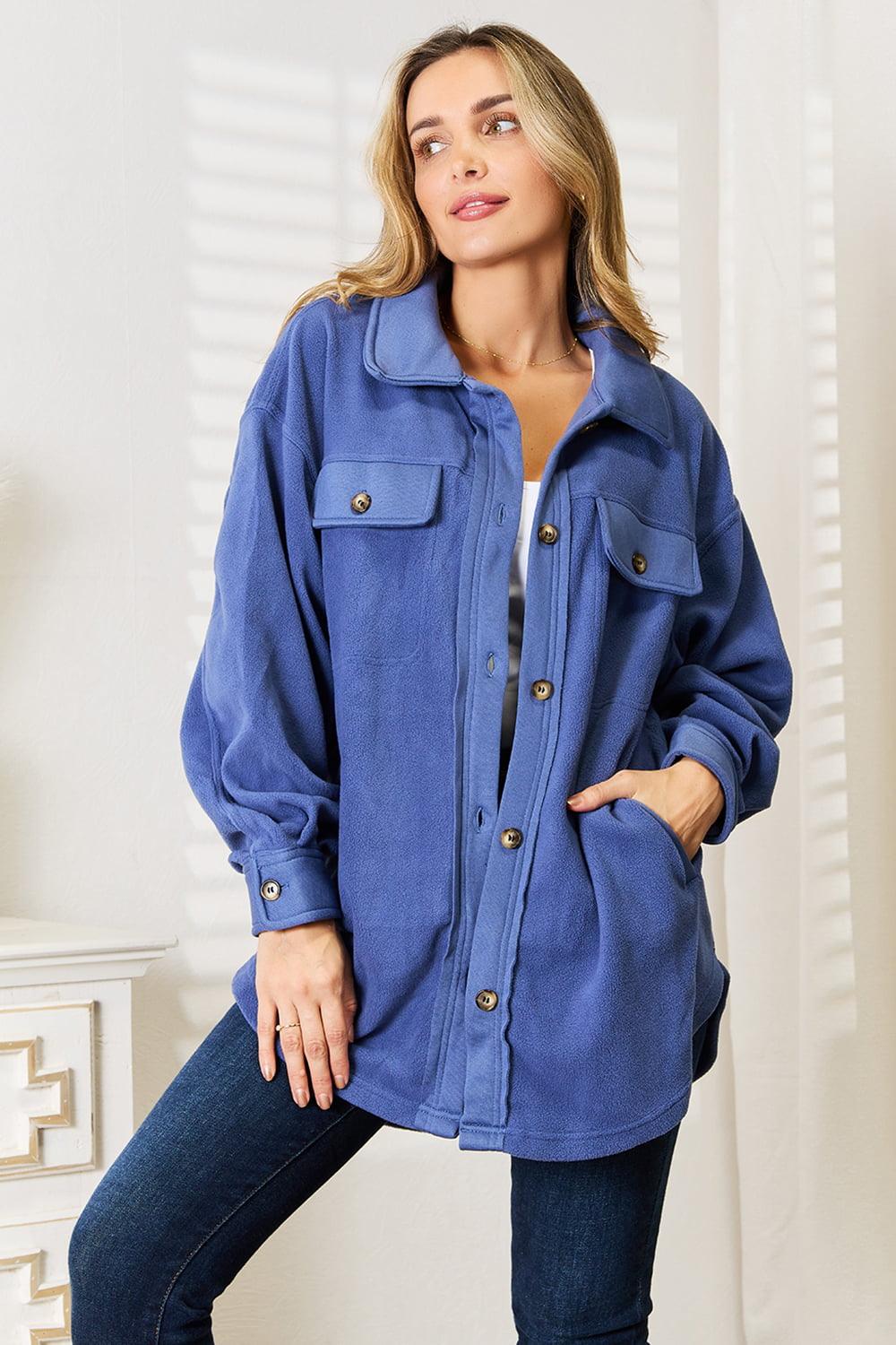 Heimish Cozy Girl Full Size Button Down Shacket Dusty Blue 1XL