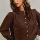 Brown 3D floral embroidered blouse with puff sleeves and front buttons