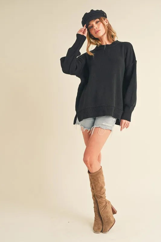 Aemi+Co Ribbed Hem Side Slit Round Neck Sweater