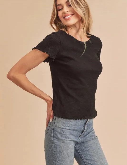 Aemi+Co Round Neck Lettuce Hem Short Sleeve T-Shirt | Daverri Fashions
