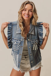 BiBi American Flag Washed Denim Jacket | Jackets Daverri Fashions