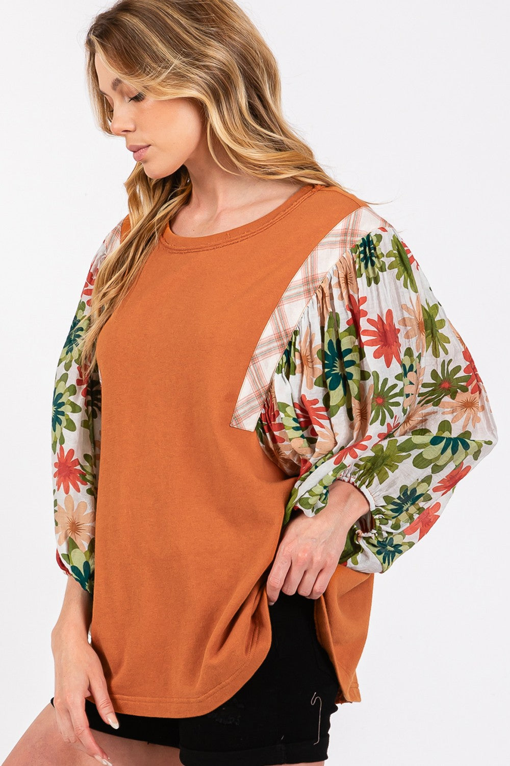 SAGE + FIG Full Size Printed Balloon Sleeve Contrast Top Tops