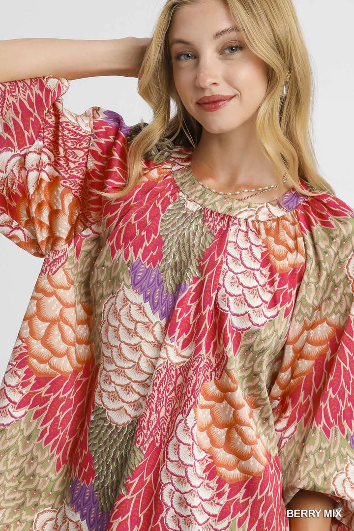 Umgee Boho Feather Print Peasant Blouse | Blouses Daverri Fashions