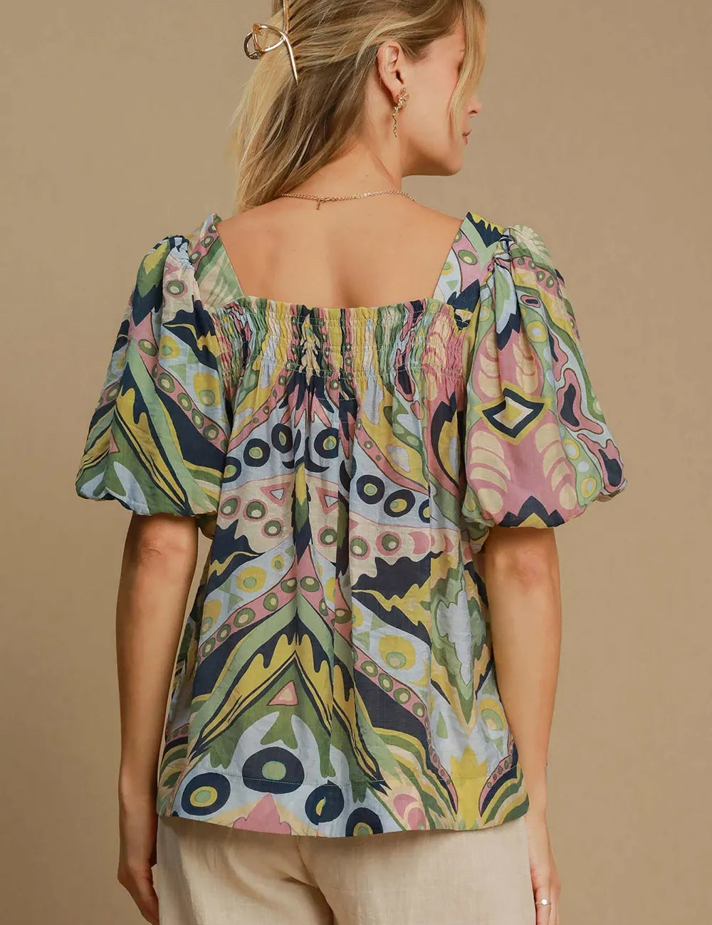 Umgee Abstract Print Smocked Square Neck Puff Sleeve Blouse Plus | Blouses Daverri Fashions