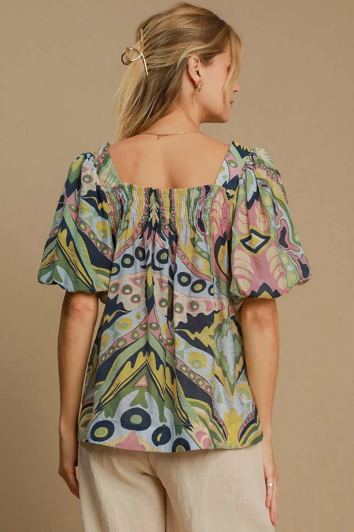 Umgee Abstract Print Smocked Square Neck Puff Sleeve Blouse Plus | Blouses Daverri Fashions