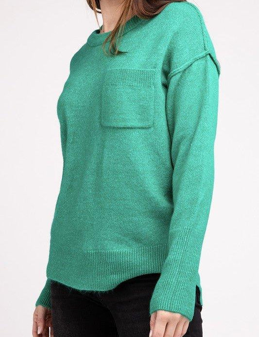 Zenana Hi-Low Hem Round Neck Sweater H K GREEN Sweaters