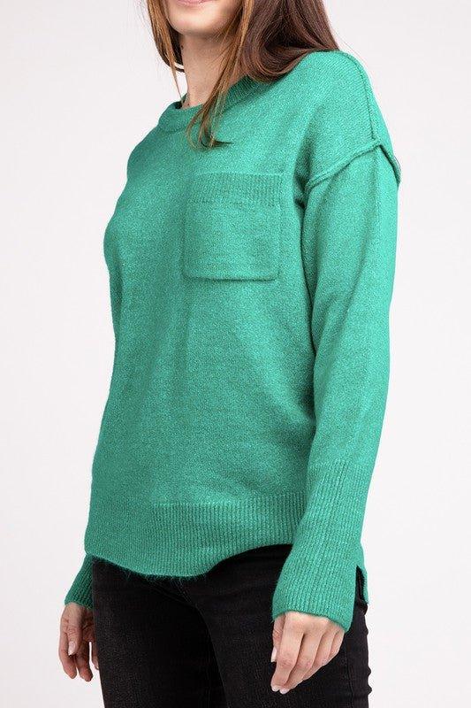 Zenana Hi-Low Hem Round Neck Sweater H K GREEN Sweaters