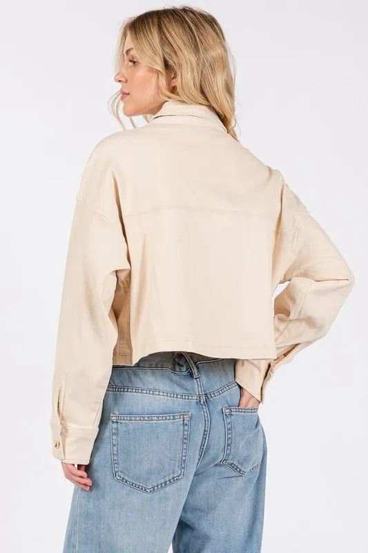 bytos Button Down Cropped Denim Jacket with Patch Pockets | Daverri Fashions