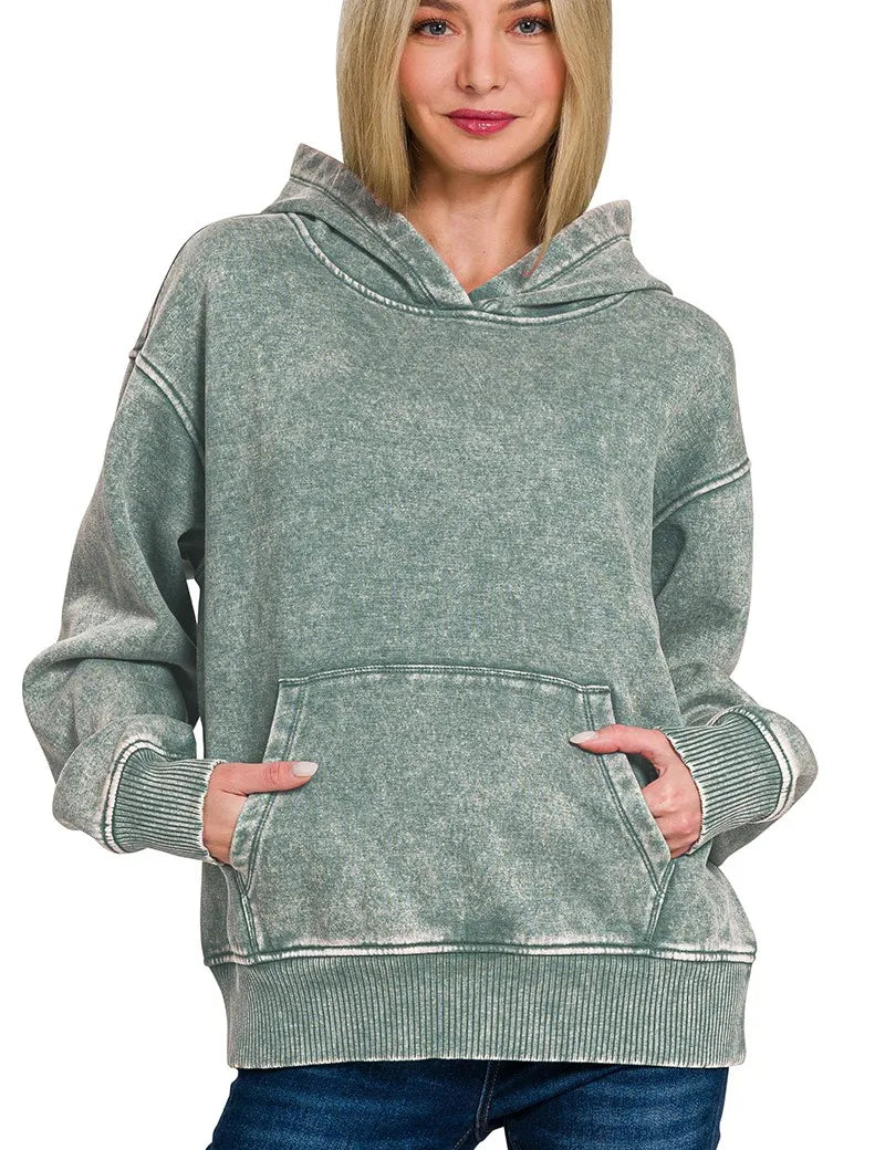 ASH JADE Zenana Fleece Acid Wash Kangaroo Pocket Hoodie | Daverri Fashions