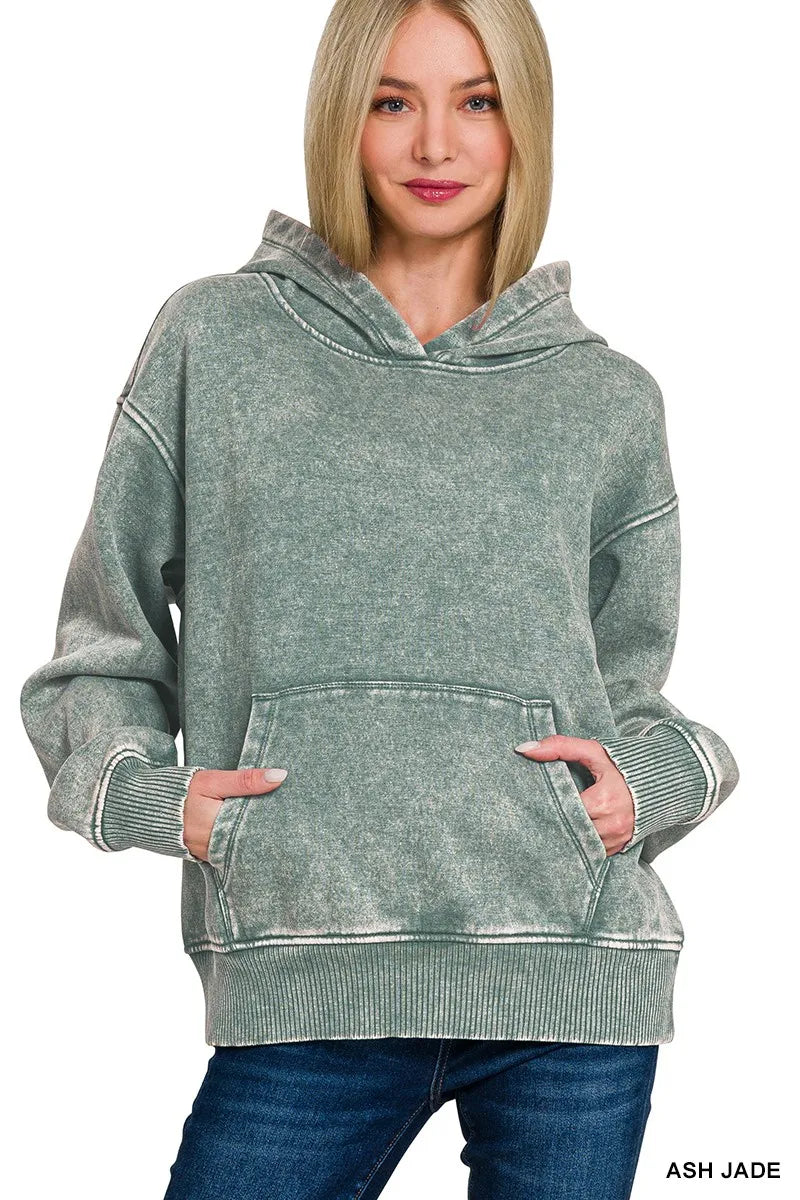 ASH JADE Zenana Fleece Acid Wash Kangaroo Pocket Hoodie | Daverri Fashions