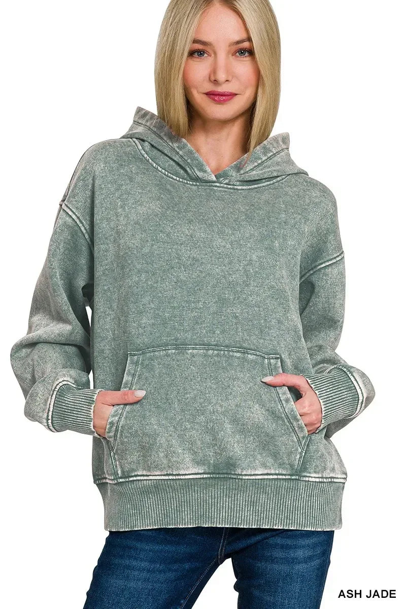 Zenana Fleece Acid Wash Kangaroo Pocket Hoodie - DAVERRI FASHIONS