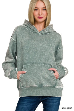 Zenana Fleece Acid Wash Kangaroo Pocket Hoodie - DAVERRI FASHIONS