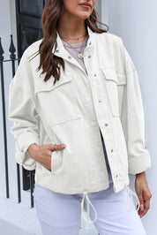 White Drawstring Snap Down Dropped Shoulder Denim Jacket | Denim Jackets Daverri Fashions