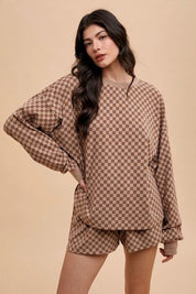 Annie Wear Checkered Round Neck Top and Drawstring Shorts Set Mocha