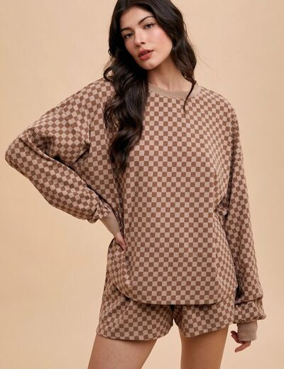 Annie Wear Checkered Round Neck Top and Drawstring Shorts Set Mocha