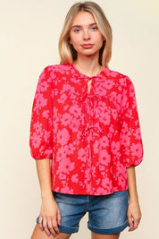 Haptics Full Size Ribbon Bow Floral Balloon Sleeve Blouse Red Pink