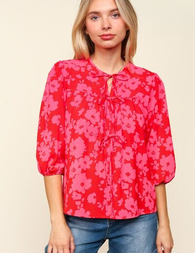 Haptics Full Size Ribbon Bow Floral Balloon Sleeve Blouse Red Pink