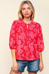 Haptics Full Size Ribbon Bow Floral Balloon Sleeve Blouse - DAVERRI FASHIONS