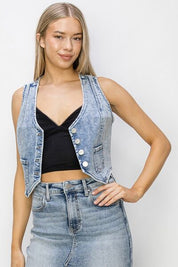 RISEN Button Down Crop Denim Vest