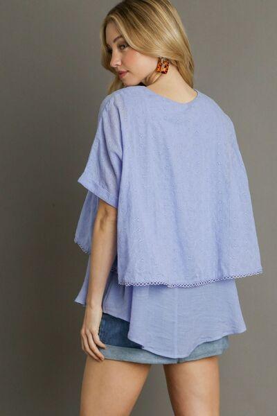 Umgee Full Size Eyelet Layered Short Sleeve Blouse Plus Size Blouses