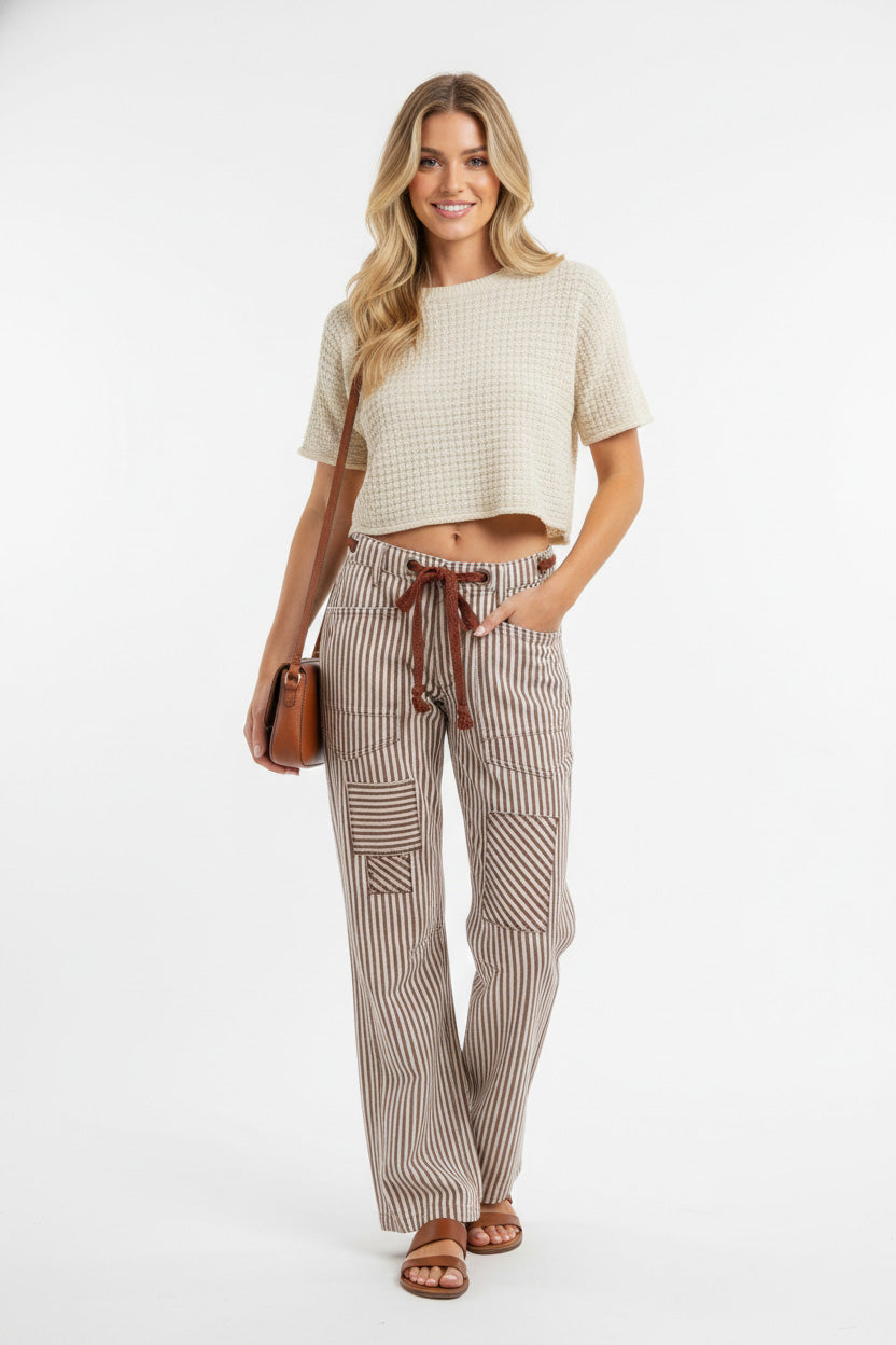 BiBi Drawstring Striped Twill Barrel Pants in beige and brown vertical stripes