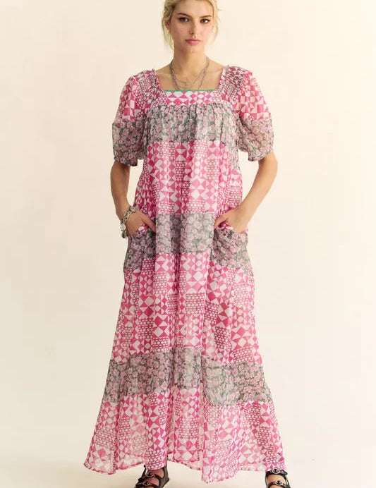 Indian Pink Davi & Dani Multi Floral Square Neck Puff Sleeve Maxi Dress | Maxi Dresses Daverri Fashions