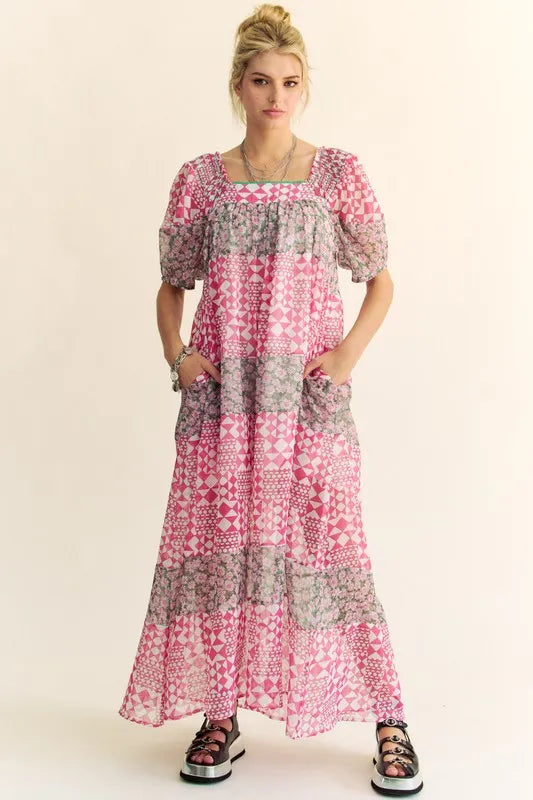 Davi & Dani Multi Floral Square Neck Puff Sleeve Maxi Dress Indian Pink Maxi Dresses