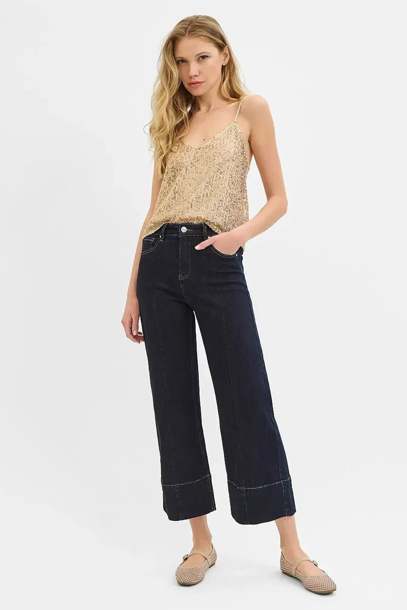 RISEN Tummy Control High Rise Crop Wide Seam Detailed Jeans - DAVERRI FASHIONS