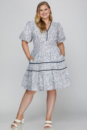 She + Sky Full Size Printed V-Neck Puff Sleeve Tiered Dress Plus Size | Daverri Fashions