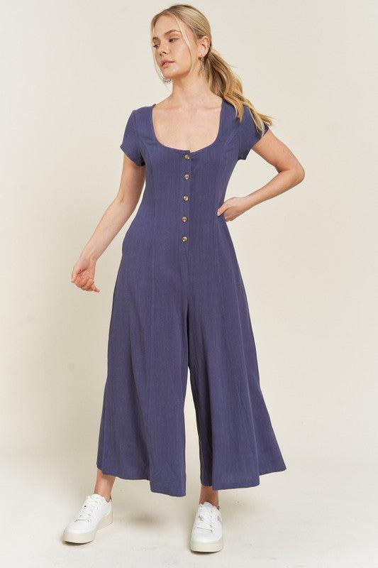 Button Down Short Sleeve Linen Jumpsuit Jumpsuits