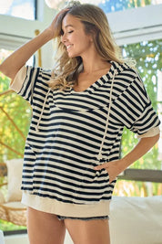 BiBi Stripe Fleece Notch Neck Short Sleeve Hoodie | Hoodies Daverri Fashions