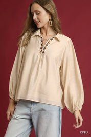 ECRU Umgee Long Sleeve Blouse with Leopard Print Trim | Blouses Daverri Fashions