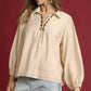 Umgee Long Sleeve Blouse with Leopard Print Trim - DAVERRI FASHIONS