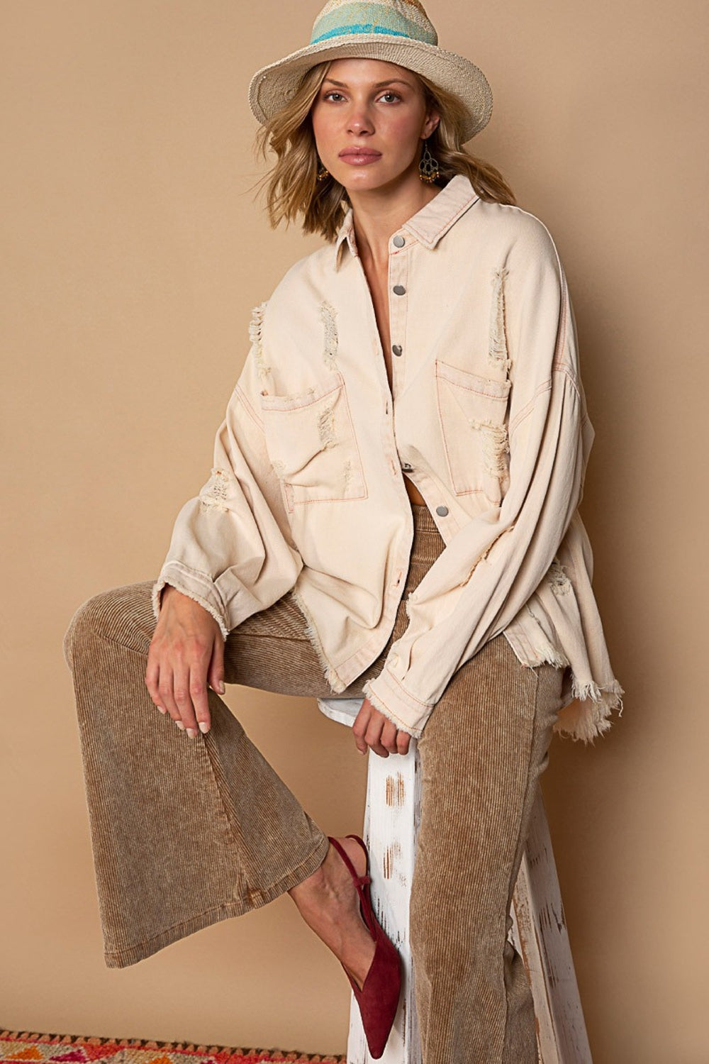 POL Button Down Raw Hem Distressed Shacket Pink Beige