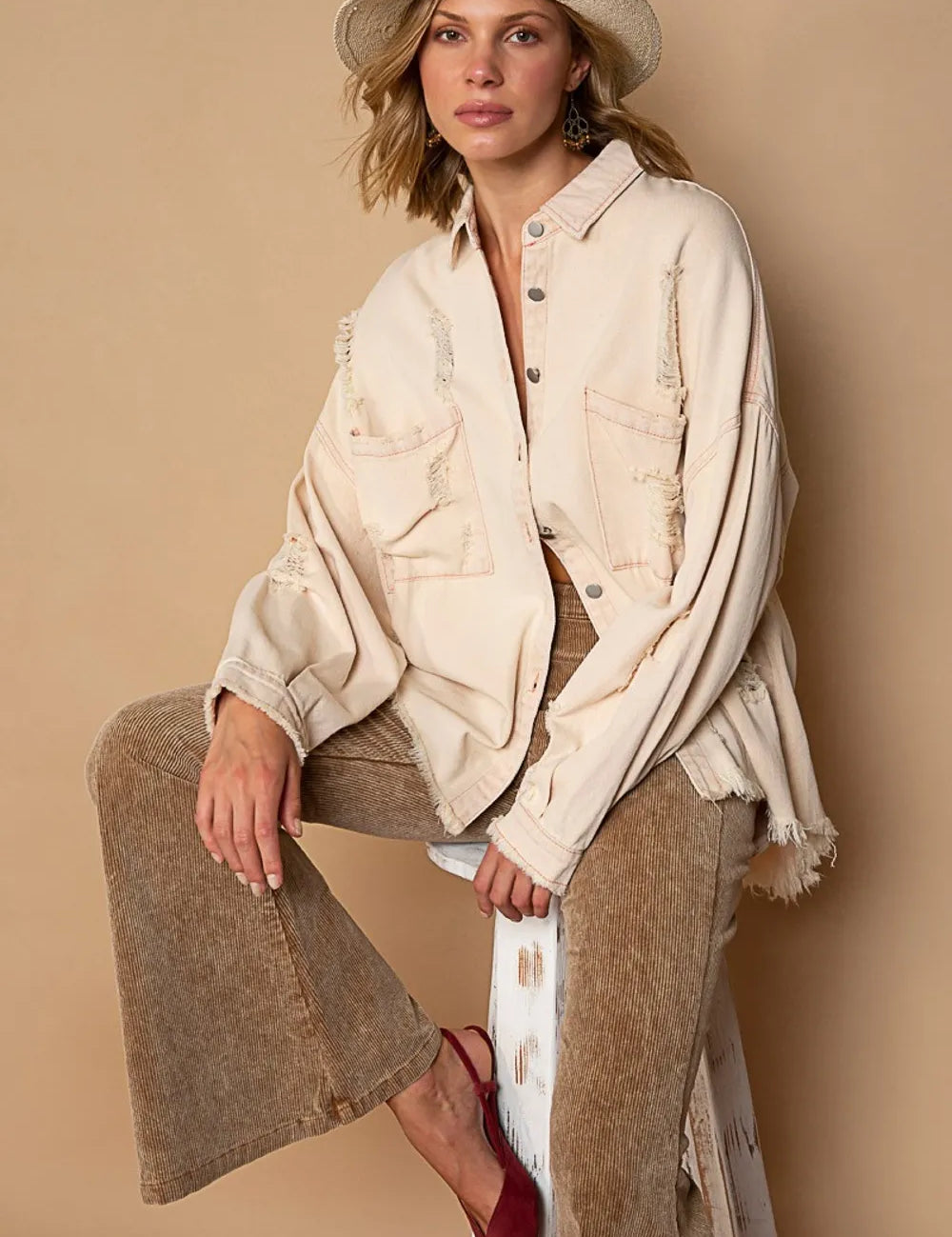 Pink Beige M POL Button Down Raw Hem Distressed Shacket | Shackets Daverri Fashions