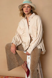 Pink Beige M POL Button Down Raw Hem Distressed Shacket | Shackets Daverri Fashions