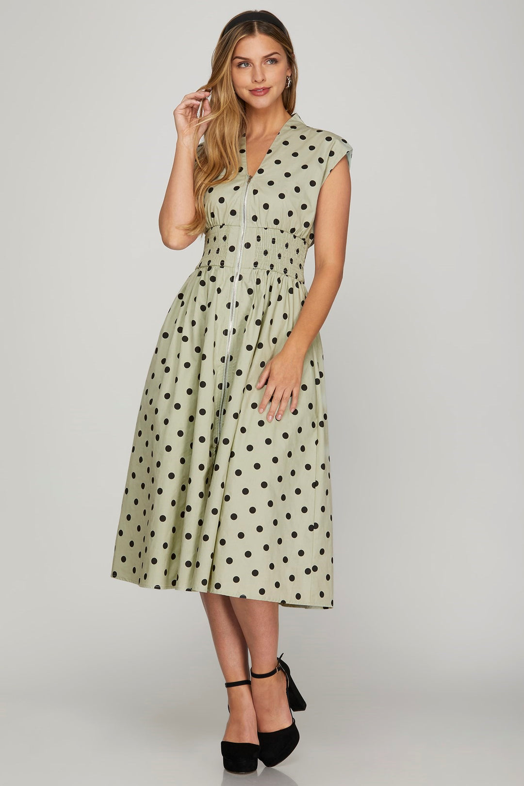 She + Sky Front Zip Polka Dots Cap Sleeve Midi Dress Sage Midi Dresses